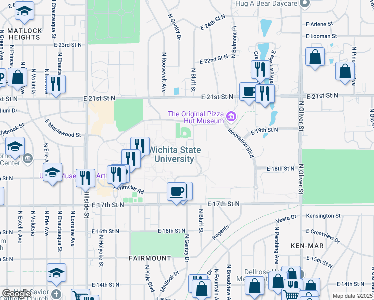 map of restaurants, bars, coffee shops, grocery stores, and more near Research Place in Wichita