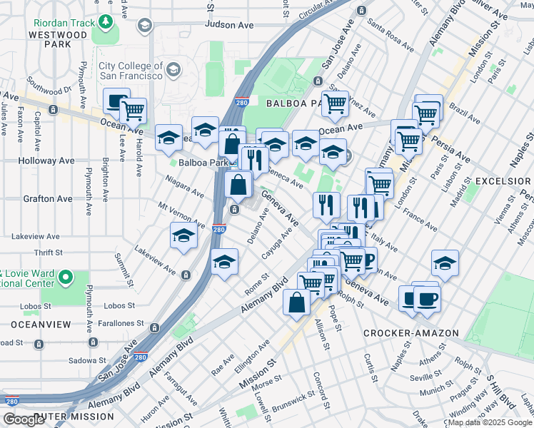 map of restaurants, bars, coffee shops, grocery stores, and more near 51 Seminole Avenue in San Francisco