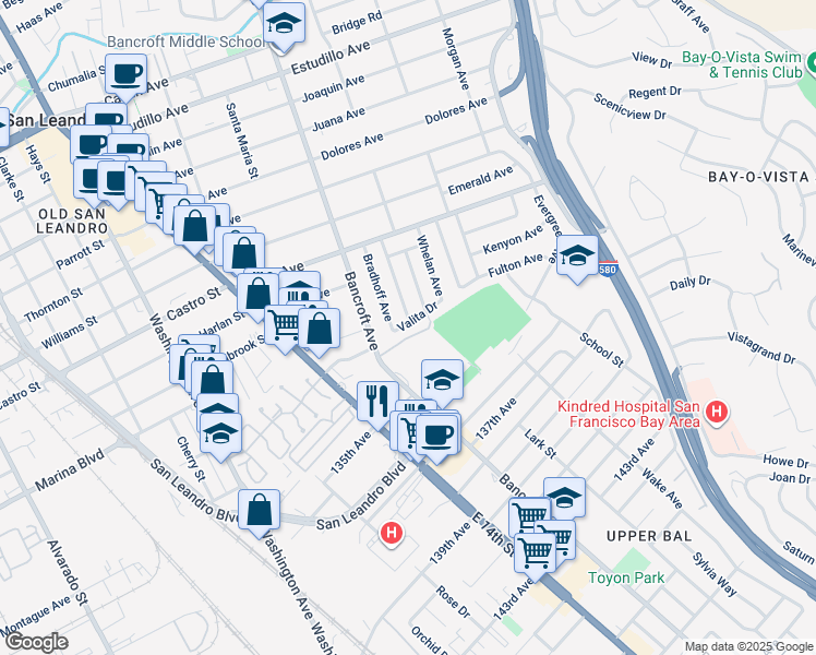 map of restaurants, bars, coffee shops, grocery stores, and more near 2195 Bradhoff Avenue in San Leandro