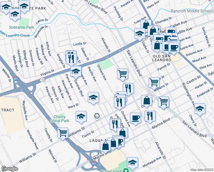 map of restaurants, bars, coffee shops, grocery stores, and more near 1538 Pacific Avenue in San Leandro