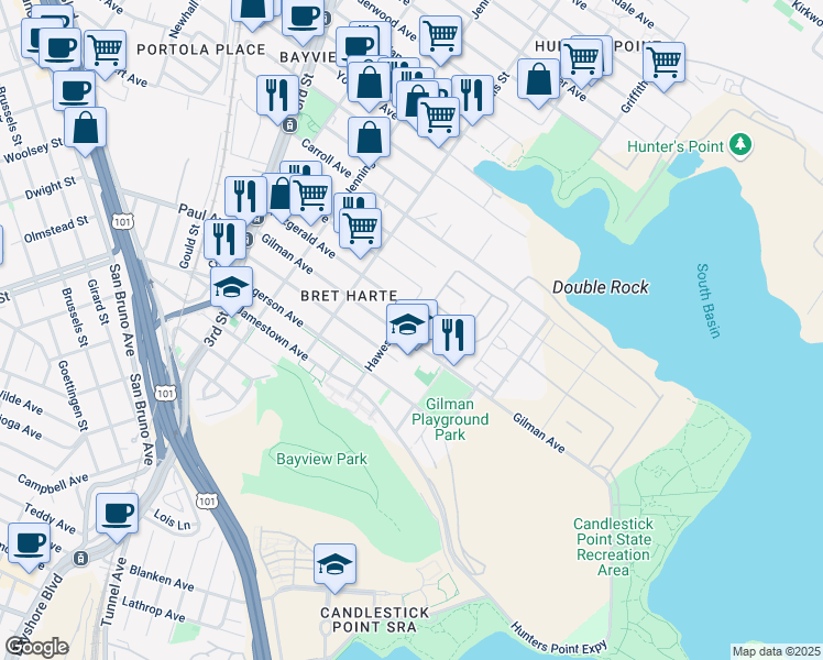 map of restaurants, bars, coffee shops, grocery stores, and more near 1071 Gilman Avenue in San Francisco