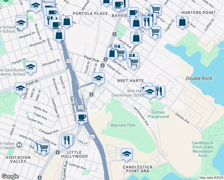 map of restaurants, bars, coffee shops, grocery stores, and more near 1030 Jamestown Avenue in San Francisco