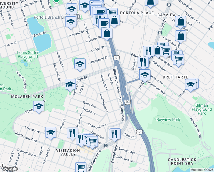 map of restaurants, bars, coffee shops, grocery stores, and more near 114 Ward Street in San Francisco