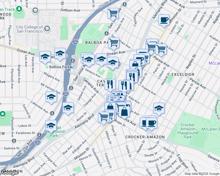 map of restaurants, bars, coffee shops, grocery stores, and more near 135 Seneca Avenue in San Francisco