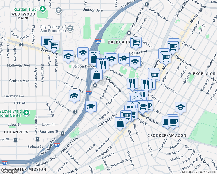 map of restaurants, bars, coffee shops, grocery stores, and more near 51 Seminole Avenue in San Francisco