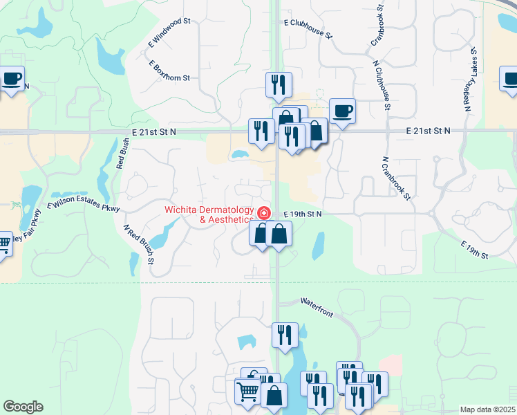 map of restaurants, bars, coffee shops, grocery stores, and more near 9400 East Wilson Estates Parkway in Wichita