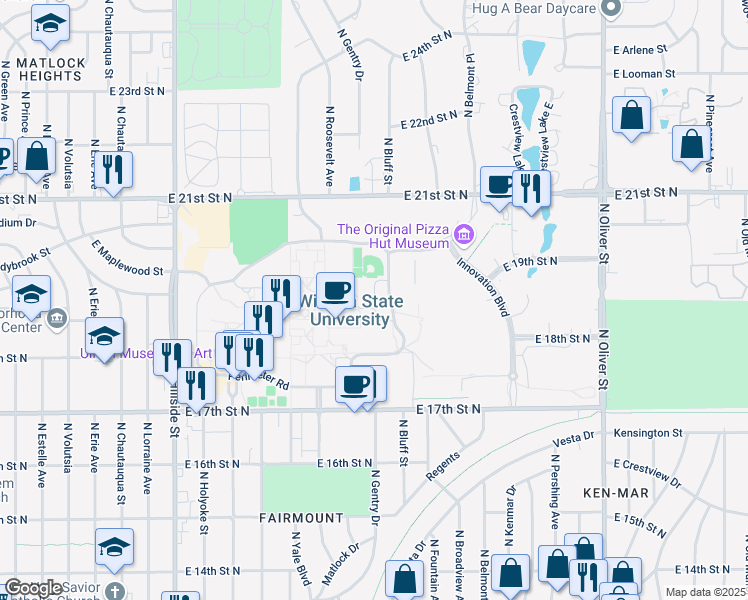 map of restaurants, bars, coffee shops, grocery stores, and more near 1900 Research Place in Wichita