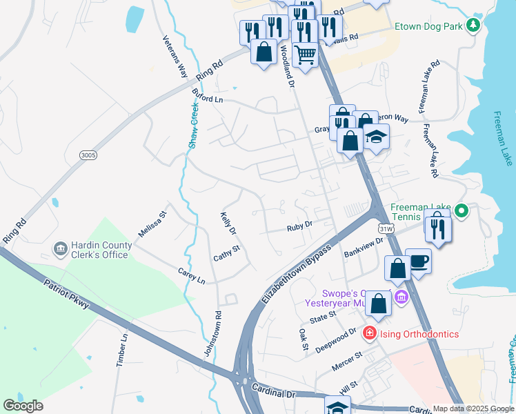 map of restaurants, bars, coffee shops, grocery stores, and more near 101 April Court in Elizabethtown