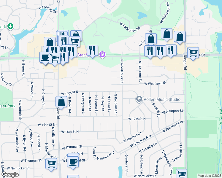 map of restaurants, bars, coffee shops, grocery stores, and more near 1934 N Topaz St in Wichita