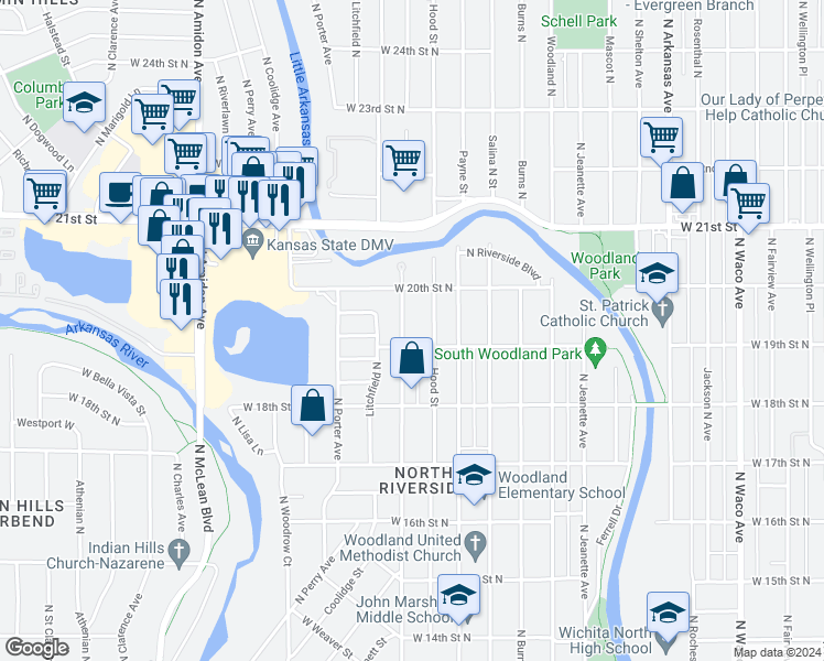 map of restaurants, bars, coffee shops, grocery stores, and more near 2016 Garland Street in Wichita