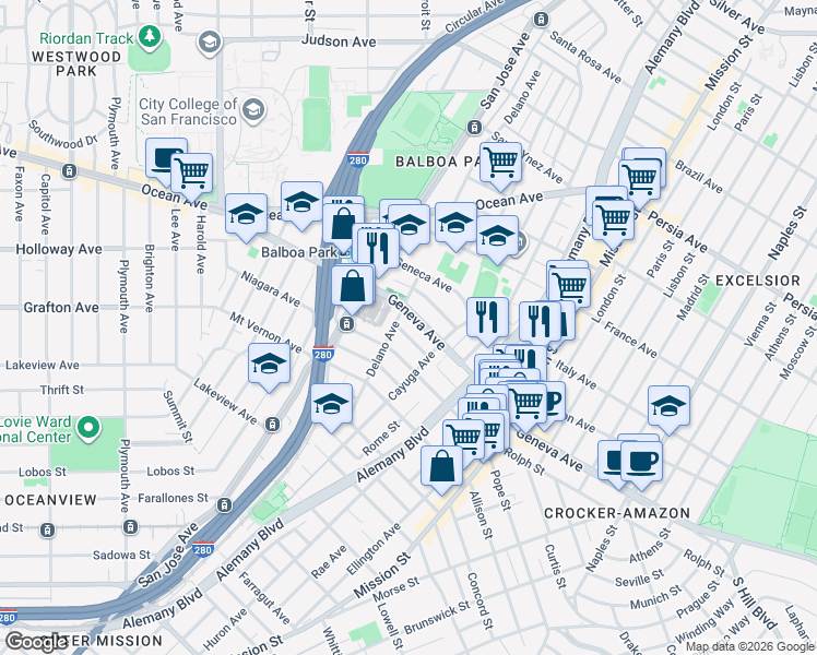 map of restaurants, bars, coffee shops, grocery stores, and more near 51 Seminole Avenue in San Francisco