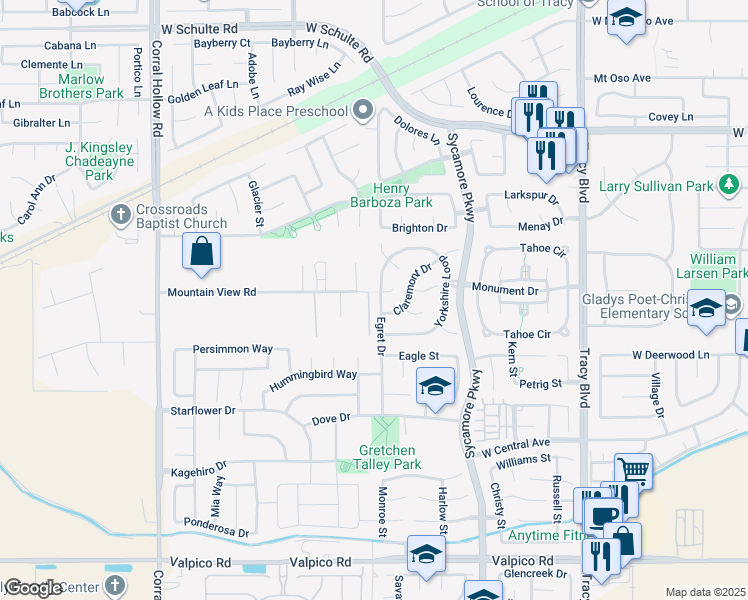 map of restaurants, bars, coffee shops, grocery stores, and more near 1543 Egret Drive in Tracy