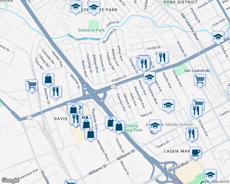 map of restaurants, bars, coffee shops, grocery stores, and more near 1313 Pearson Avenue in San Leandro