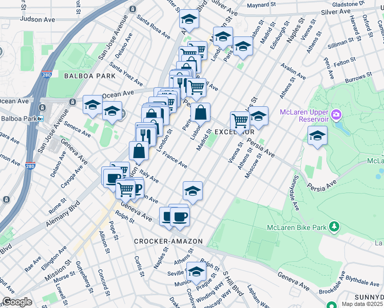 map of restaurants, bars, coffee shops, grocery stores, and more near 665 Madrid Street in San Francisco