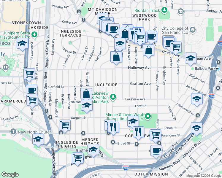 map of restaurants, bars, coffee shops, grocery stores, and more near 557 Orizaba Avenue in San Francisco
