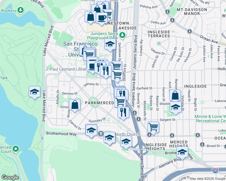 map of restaurants, bars, coffee shops, grocery stores, and more near 308 Cardenas Avenue in San Francisco
