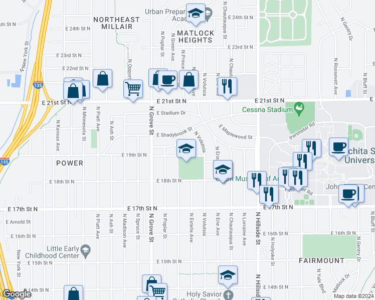 map of restaurants, bars, coffee shops, grocery stores, and more near 2001 North Estelle Street in Wichita