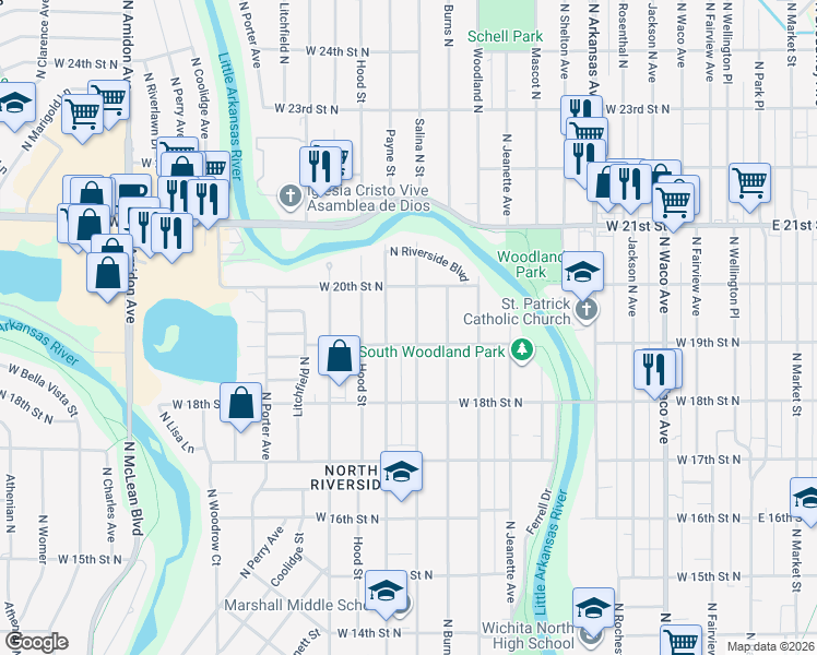 map of restaurants, bars, coffee shops, grocery stores, and more near 2002 North Salina Avenue in Wichita