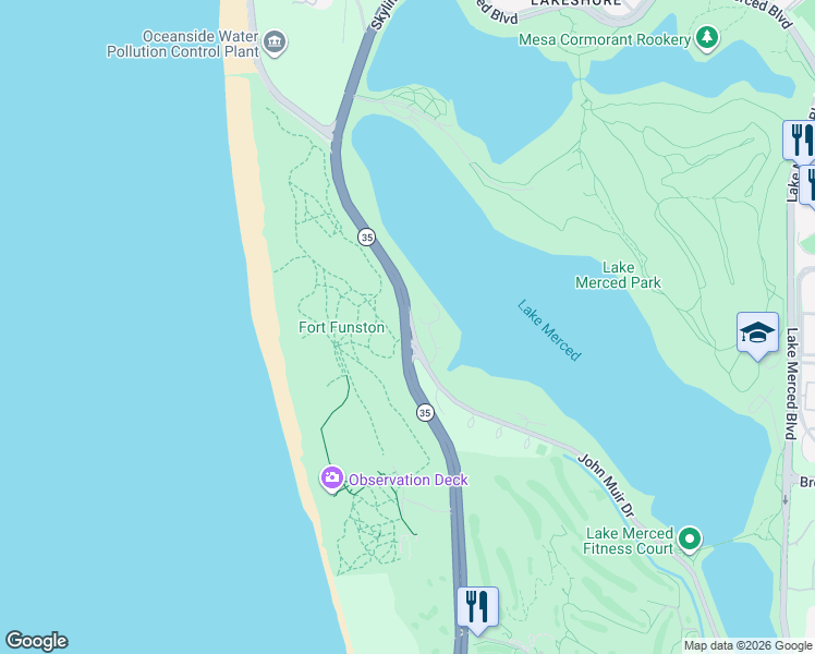 map of restaurants, bars, coffee shops, grocery stores, and more near Skyline Boulevard in San Francisco