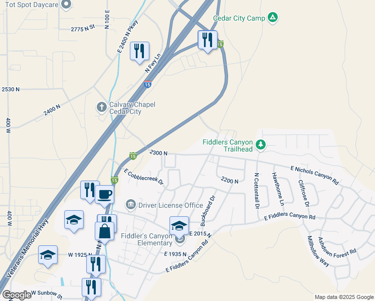 map of restaurants, bars, coffee shops, grocery stores, and more near 340 East Nichols Canyon Road in Cedar City