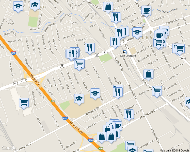map of restaurants, bars, coffee shops, grocery stores, and more near 1437 Pacific Avenue in San Leandro