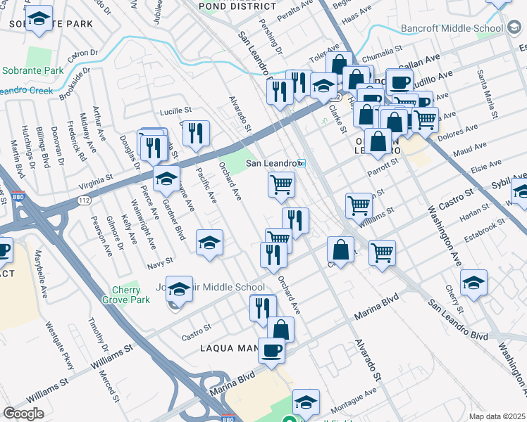 map of restaurants, bars, coffee shops, grocery stores, and more near 13875 East 14th Street in San Leandro