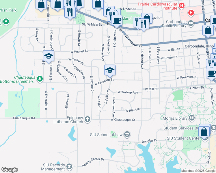 map of restaurants, bars, coffee shops, grocery stores, and more near 808 South Valley Road in Carbondale