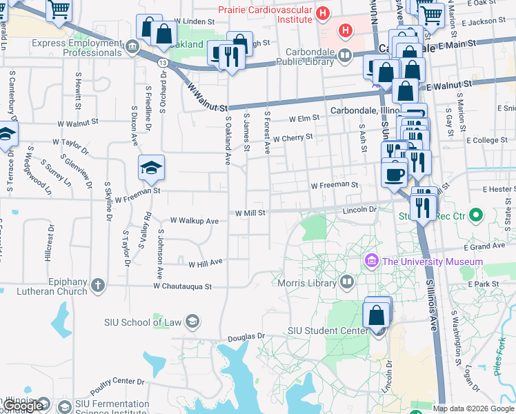 map of restaurants, bars, coffee shops, grocery stores, and more near 825 West Mill Street in Carbondale