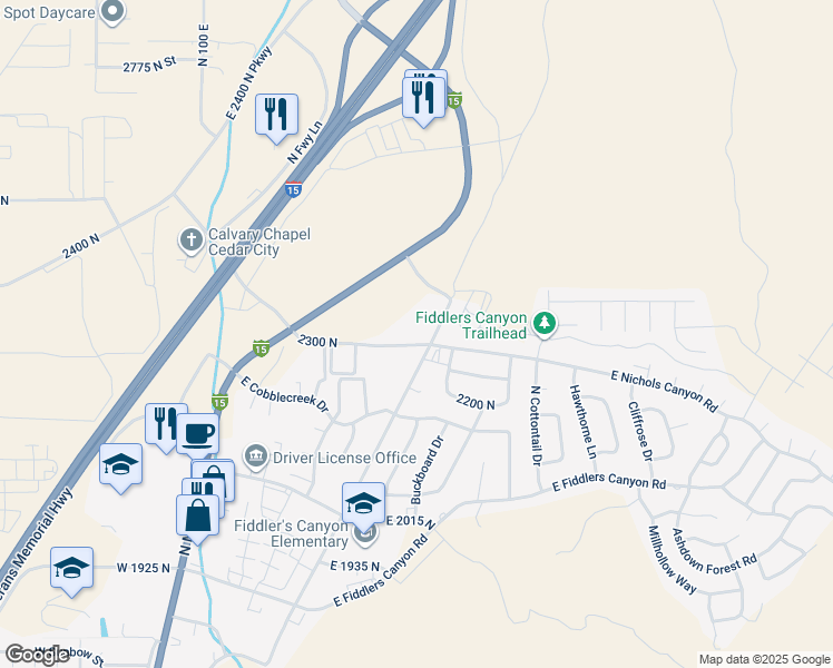 map of restaurants, bars, coffee shops, grocery stores, and more near 2279 North Wedgewood Lane in Cedar City
