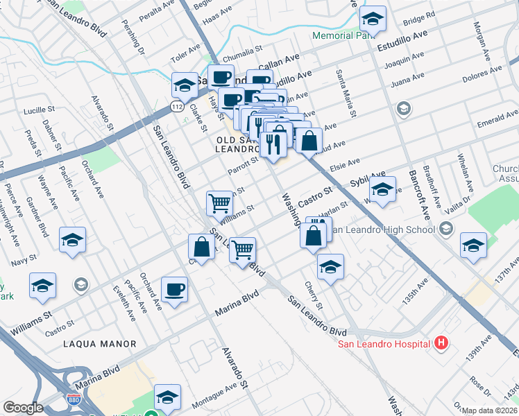 map of restaurants, bars, coffee shops, grocery stores, and more near 1833 Clarke Street in San Leandro