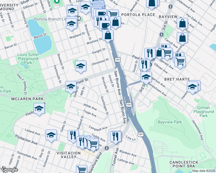 map of restaurants, bars, coffee shops, grocery stores, and more near 114 Ward Street in San Francisco