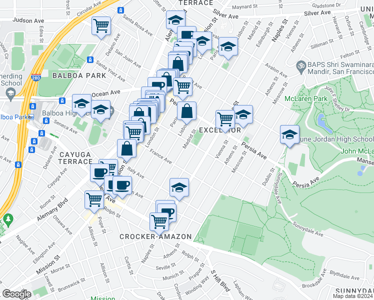 map of restaurants, bars, coffee shops, grocery stores, and more near 665 Madrid Street in San Francisco