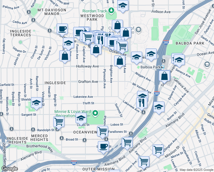 map of restaurants, bars, coffee shops, grocery stores, and more near 39 Brighton Avenue in San Francisco