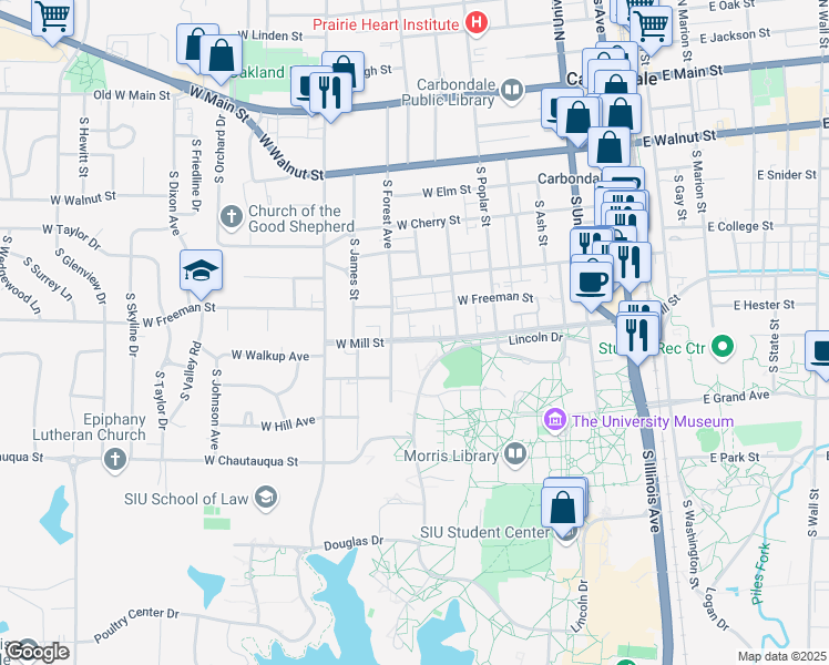 map of restaurants, bars, coffee shops, grocery stores, and more near in Carbondale