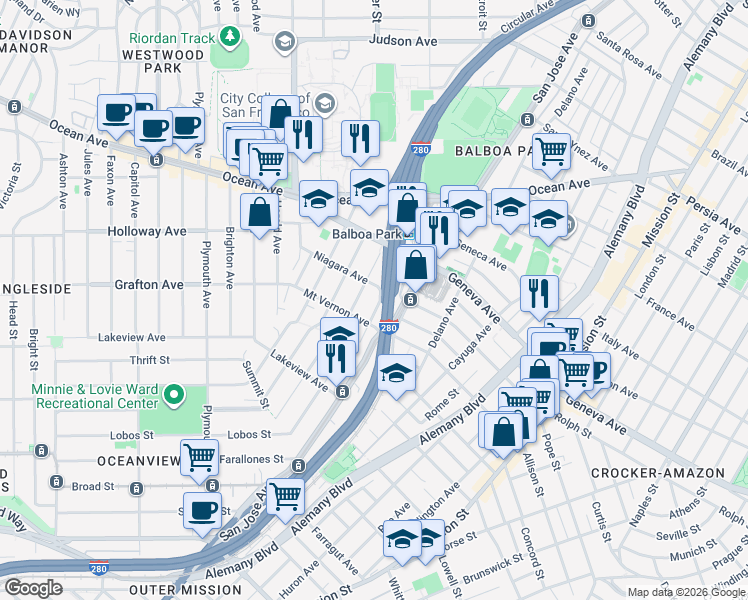 map of restaurants, bars, coffee shops, grocery stores, and more near 510 Mount Vernon Avenue in San Francisco