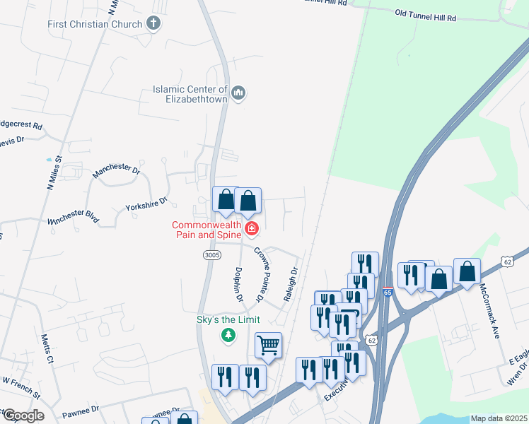 map of restaurants, bars, coffee shops, grocery stores, and more near Plum Creek Court in Elizabethtown