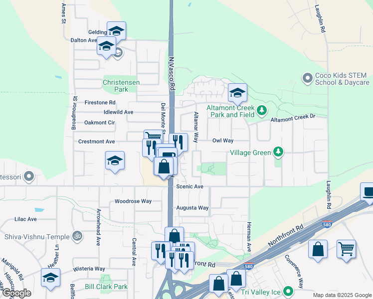 map of restaurants, bars, coffee shops, grocery stores, and more near in Livermore