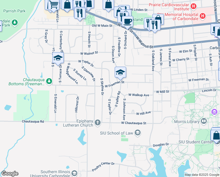 map of restaurants, bars, coffee shops, grocery stores, and more near 808 South Valley Road in Carbondale