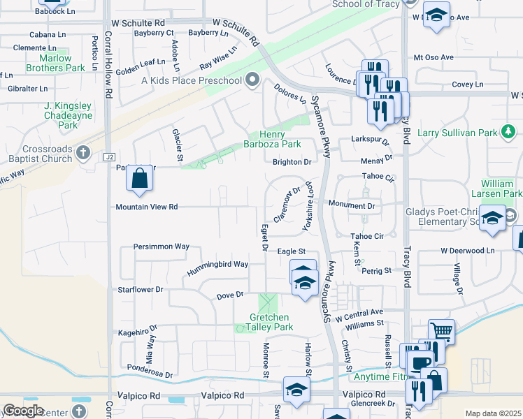 map of restaurants, bars, coffee shops, grocery stores, and more near 1523 Egret Drive in Tracy