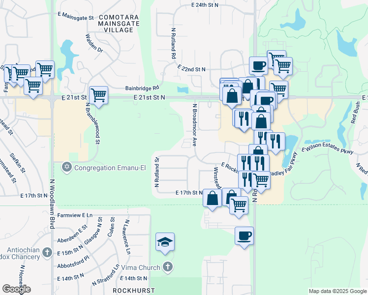 map of restaurants, bars, coffee shops, grocery stores, and more near 2021 North Broadmoor Avenue in Wichita