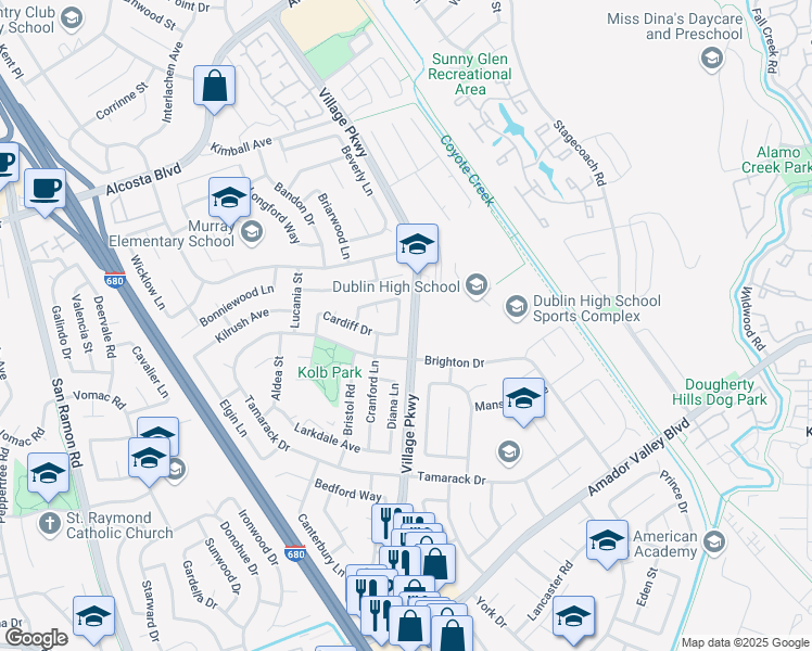map of restaurants, bars, coffee shops, grocery stores, and more near 7277 Sheffield Lane in Dublin