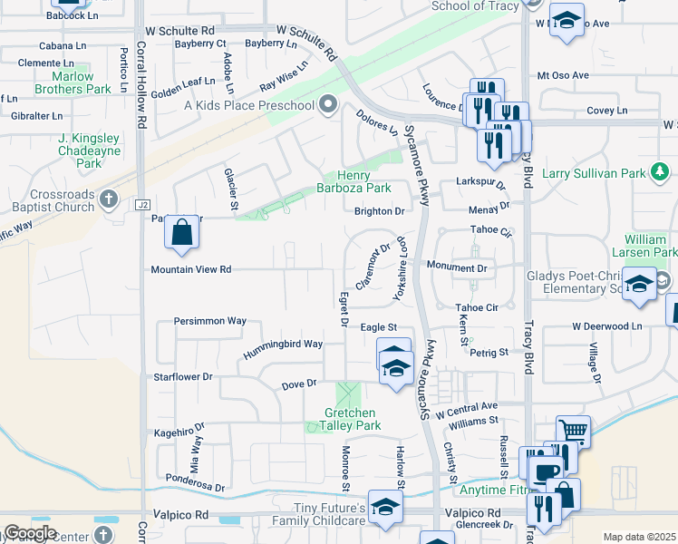 map of restaurants, bars, coffee shops, grocery stores, and more near 1523 Egret Drive in Tracy