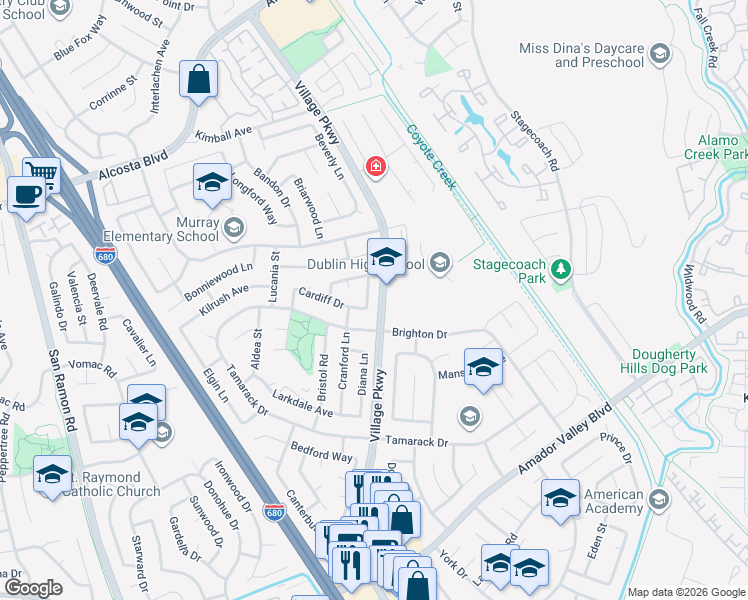 map of restaurants, bars, coffee shops, grocery stores, and more near 7277 Sheffield Lane in Dublin