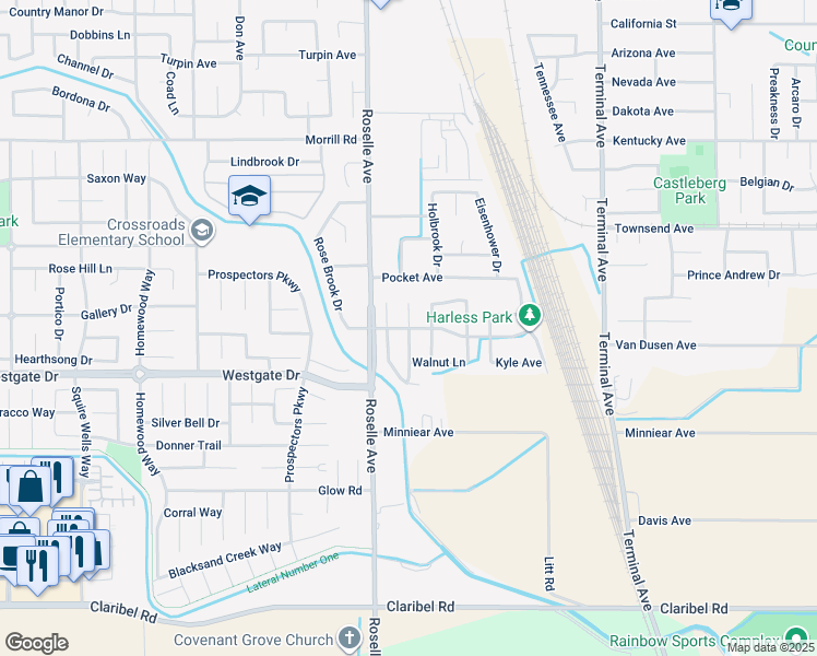 map of restaurants, bars, coffee shops, grocery stores, and more near S Rose Brook Dr & Aspen Ct in Riverbank