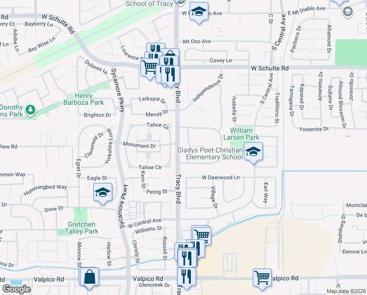 map of restaurants, bars, coffee shops, grocery stores, and more near 1563 Monte Vista in Tracy