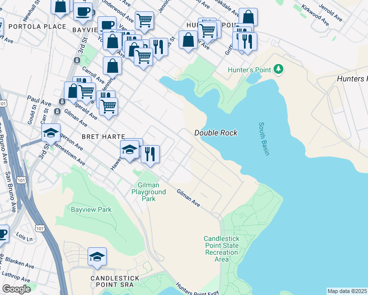map of restaurants, bars, coffee shops, grocery stores, and more near 1111 Donner Avenue in San Francisco