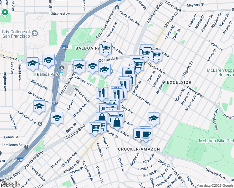 map of restaurants, bars, coffee shops, grocery stores, and more near 160 Bertita Street in San Francisco