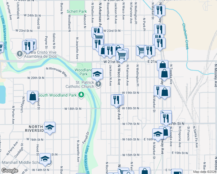 map of restaurants, bars, coffee shops, grocery stores, and more near 528 West 19th Street North in Wichita
