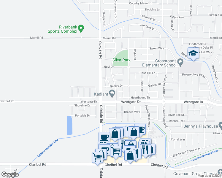 map of restaurants, bars, coffee shops, grocery stores, and more near 2276 Gallery Drive in Riverbank