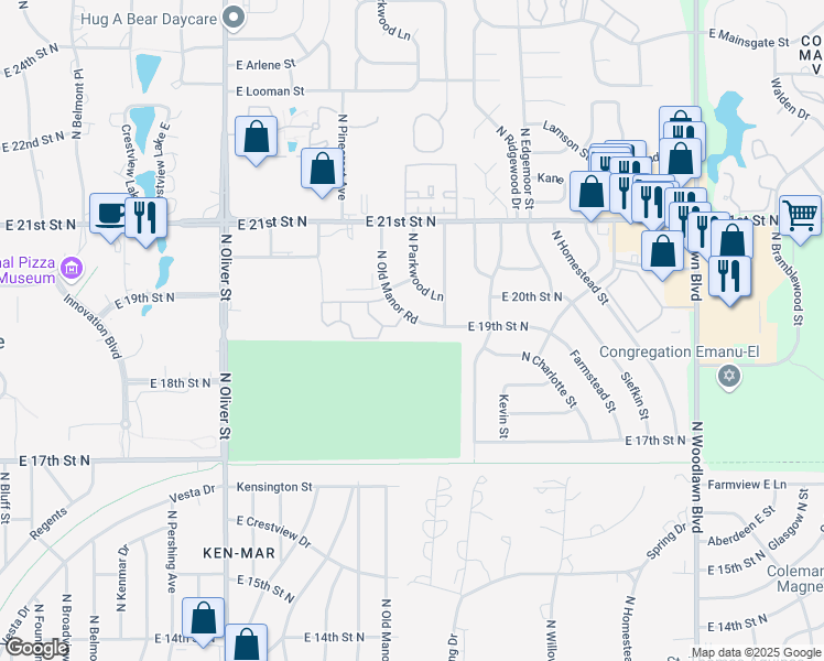 map of restaurants, bars, coffee shops, grocery stores, and more near 2017 North Old Manor Road in Wichita